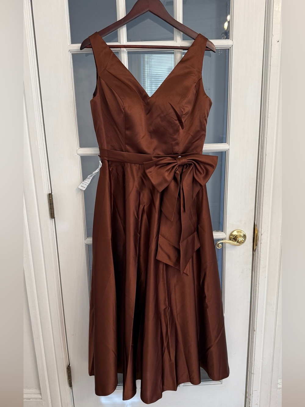 MISS VEIL Women's Brown Satin Sleeveless V-Neck Bow Waist Midi Formal Dress